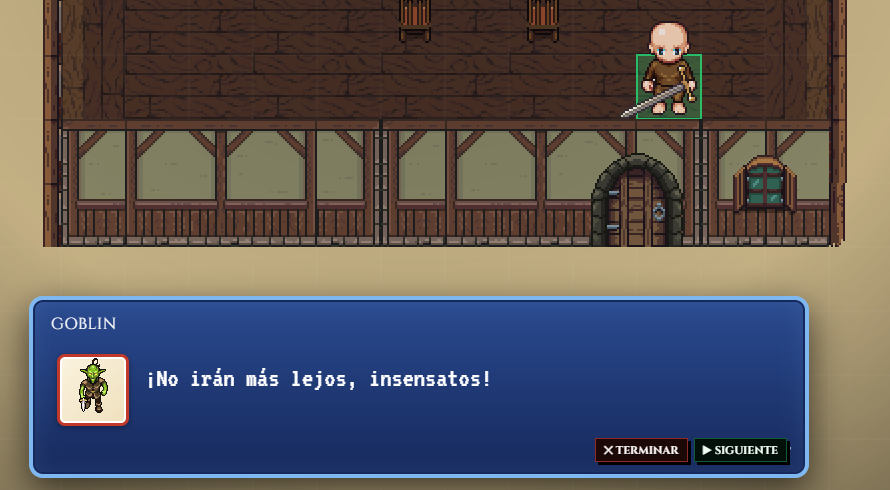 A goblin delivering a JRPG-style cutscene line with its own character portrait, triggered by a party member stepping on a tile.