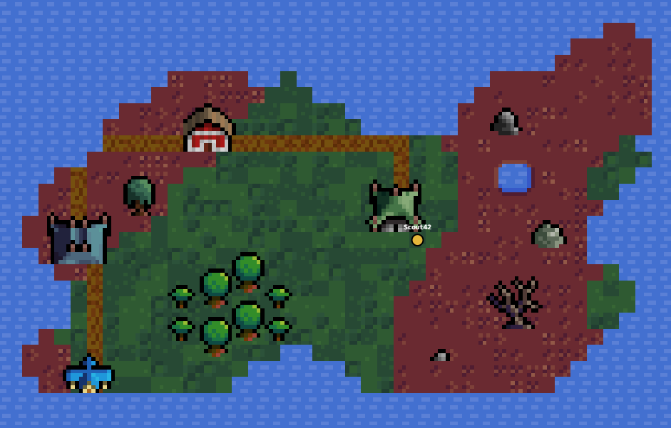 A hero's token standing on a living world map, with roads connecting settlements across forest and mountain terrain.